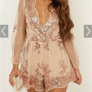 Showpo BIG BALLER PLAYSUIT IN ROSE GOLD SEQUIN